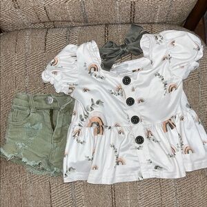 Charming Rainbow Print Kids Blouse with matching distressed green shorts